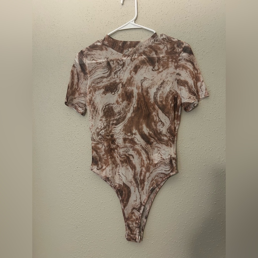 SHEIN Mesh Brown and Cream Patterned Bodysuit